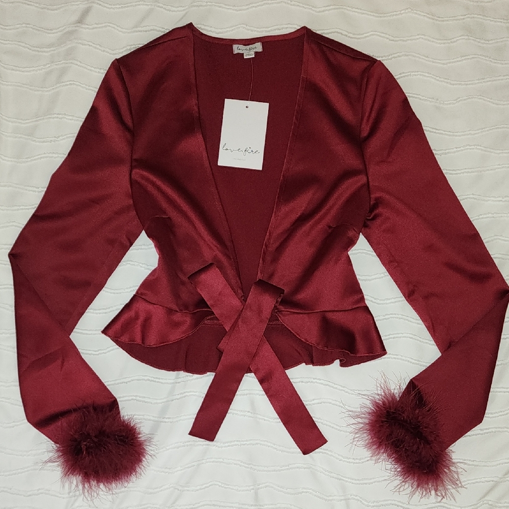 love, Fire Burgundy Satin Blouse with Feather Cuffs